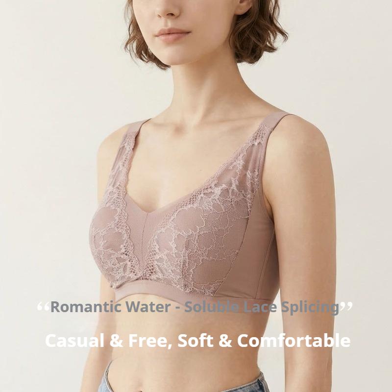 Underwear Mulberry Silk Lined Seamless Adjustment Bra, Lace Trim Palm Cup Push‑Up Side‑Support Brassiere