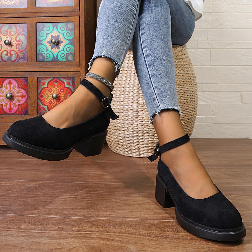 2024 New European and American Round Head Thick Heel One-word Buckle with Middle Mouth Breathable Casual Outer Wear Single Shoes Women