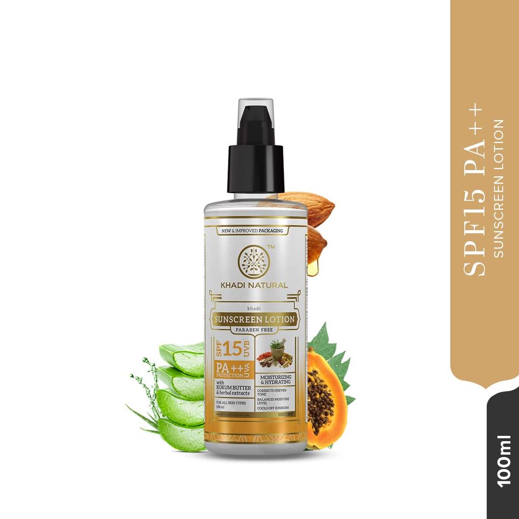 KHADI NATURAL Crema Solare SPF 15 PA++ Lozione 100 ml Per Pelli Grasse Senza Effetto Bianco Non Appiccicosa Senza Parabeni Cura Solare Quotidiana