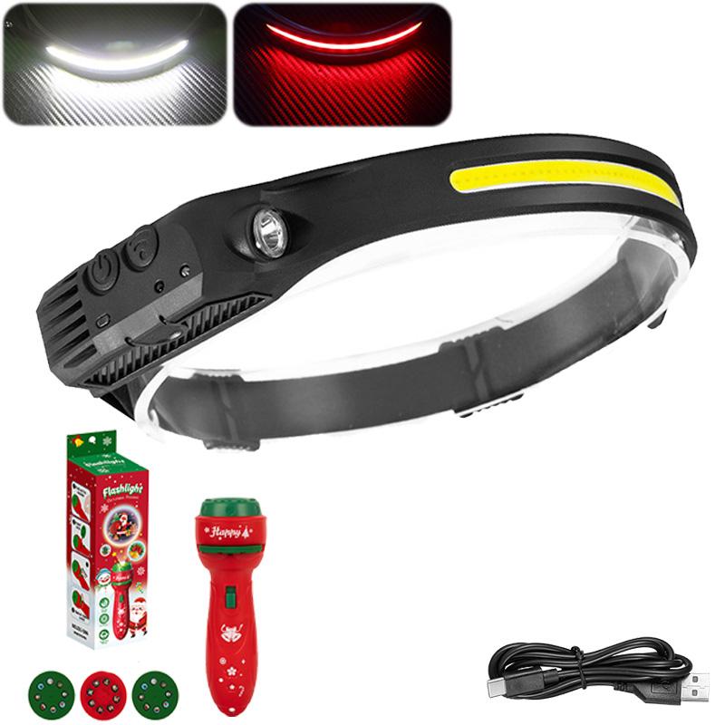 Lampada frontale a LED COB, lampada frontale a induzione, batteria integrata, ricaricabile tramite USB, torcia frontale per campeggio all'aperto, pesca con sensore