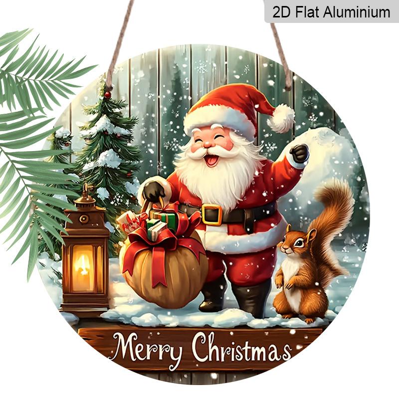2D Flat, 1pc Rustic Farmhouse Round Aluminum Hanging Sign - Vintage Santa & Squirrel Christmas Holiday Decoration for Door/Wall Ornament, Suitable