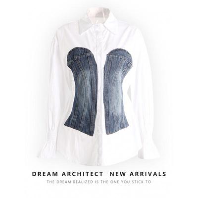 Nischen-Design Frühling 2025 Colorblock Patchwork Denim Korsett Taillenformende Bluse für Damen