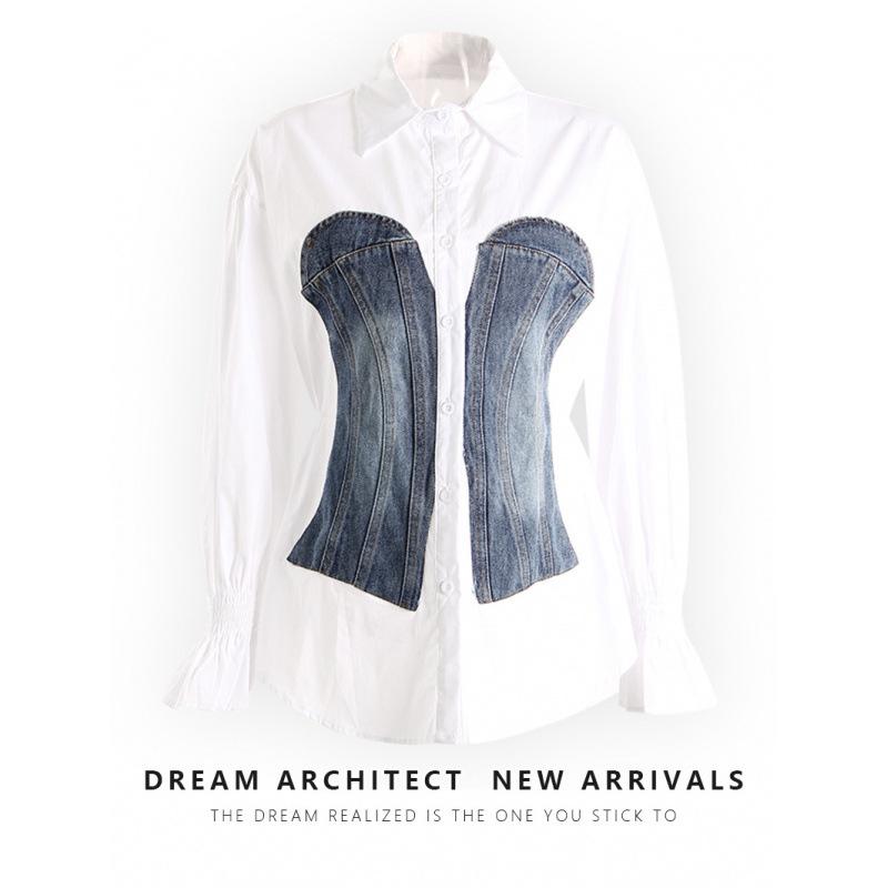 Nischen-Design Frühling 2025 Colorblock Patchwork Denim Korsett Taillenformende Bluse für Damen