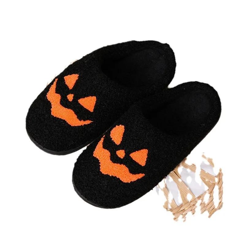 Fashion Halloween pumpkin patterned slippers, casual set on plush lined shoes, comfortable indoor home slippers 2024
