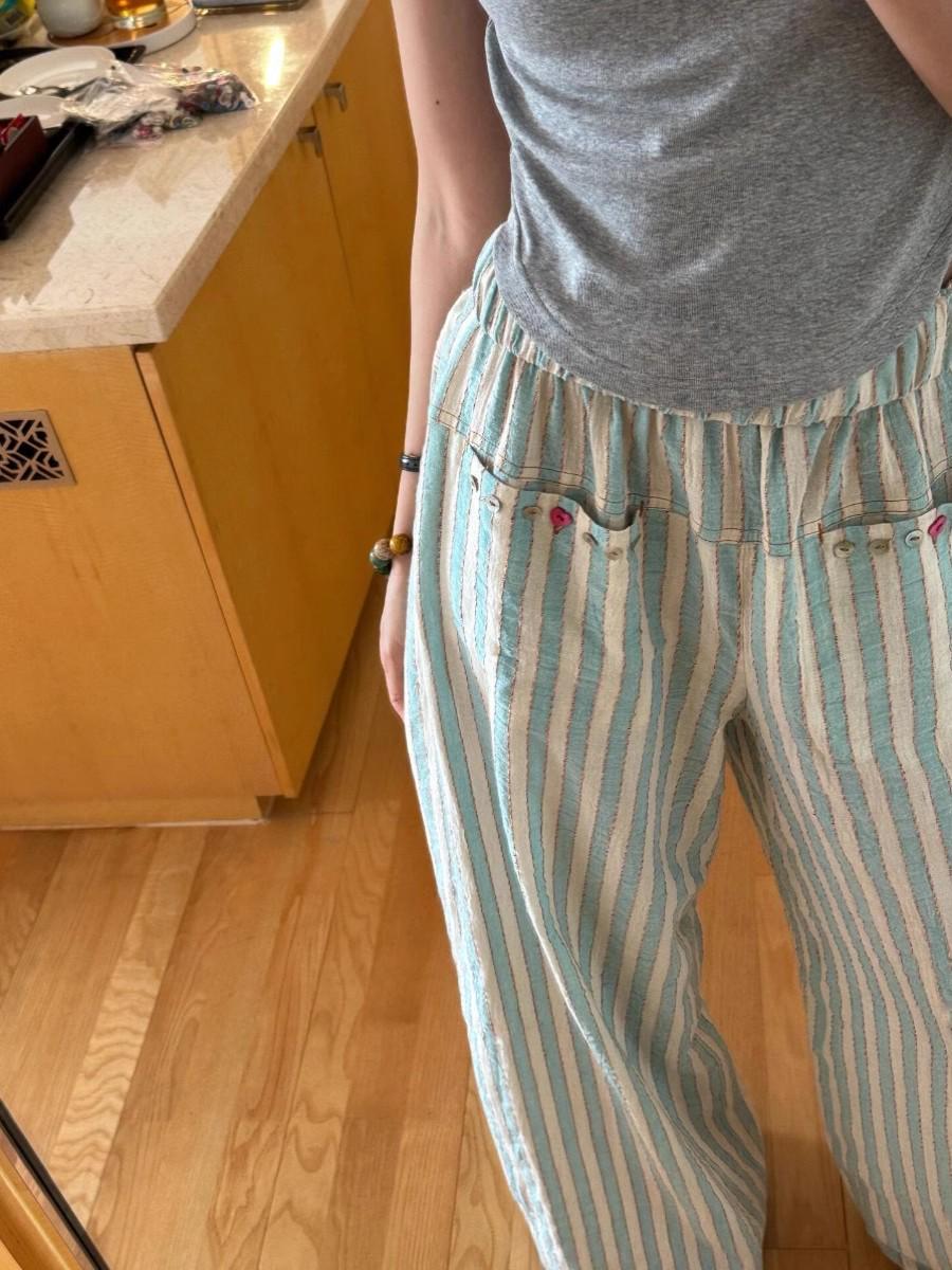 

Женские полосатые брюки из хлопка и льна: Лето 2025 Повседневные широкие брюки свободного кроя, маленького размера 4XL