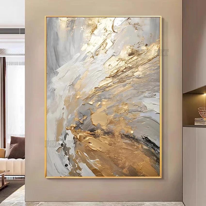 Large Size Contemporary Abstract Picture Golden Foil Canvas Paintings On Canvas Bedroom Framelessation Unframed