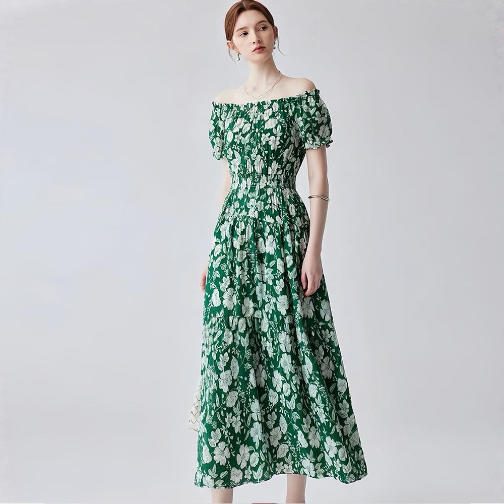 Bohemian Cotton-Silk Floral Printted Off-the-Shoulder French-Style Summer Dress for Women Ethnic-Style Elastic Waistband Pleayed Long Dress