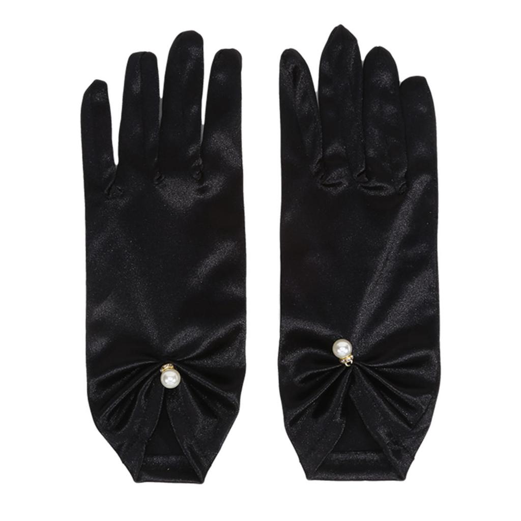 Women Elegant Satin Short Mittens Faux Pearl Pendant Decoration Solid Color Etiquette Gloves Dinner Party Opera Wedding Stage Performance