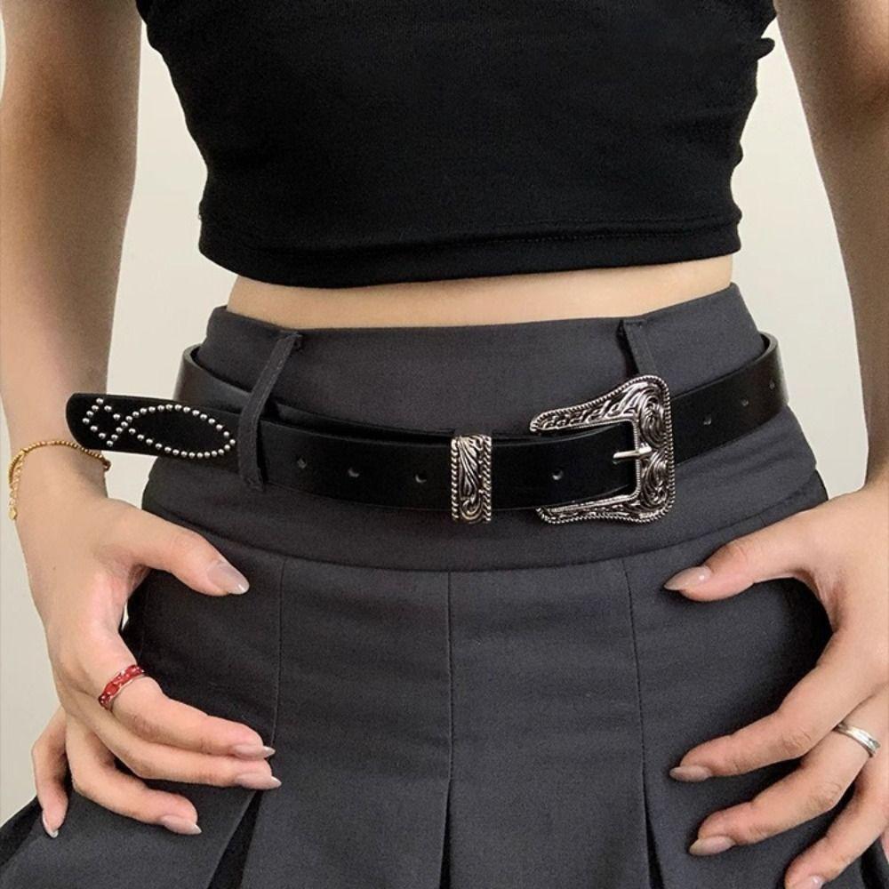 Pu Leather Y2K Jeans Belt Carving Women's Waist Belt Casual Punk Style Belt  Party