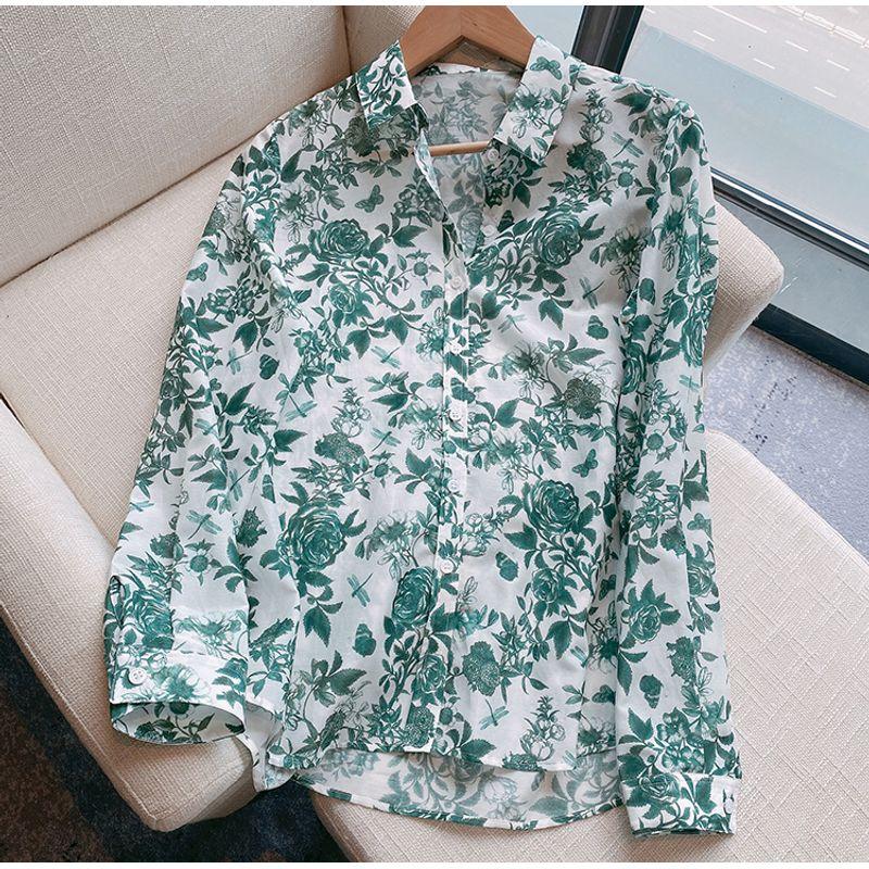 

Casual Cotton Polyester Single-Breasted Long Sleeve Rose Print Top French (Green) Rose Print Shirt L