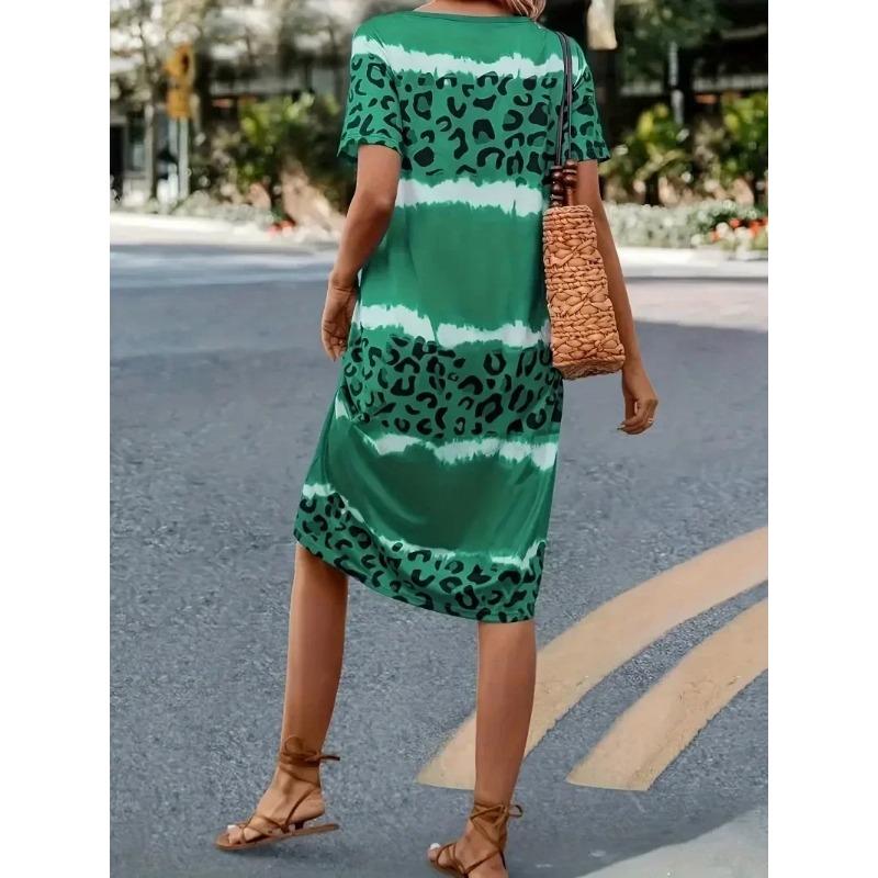 Mode Damen Übergröße 1XL-8XL Freizeitkleid Kurzarmkleid Batik Leopard Kurzarm V-Ausschnitt Leicht dehnbares Kleid