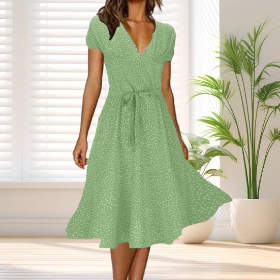 Dámské midi šaty s krátkým rukávem Jaro Léto Boho Šaty s potiskem puntíků Ležérní Volné V-výstřih Šněrovací Vázací šaty na plážovou párty Svatbu