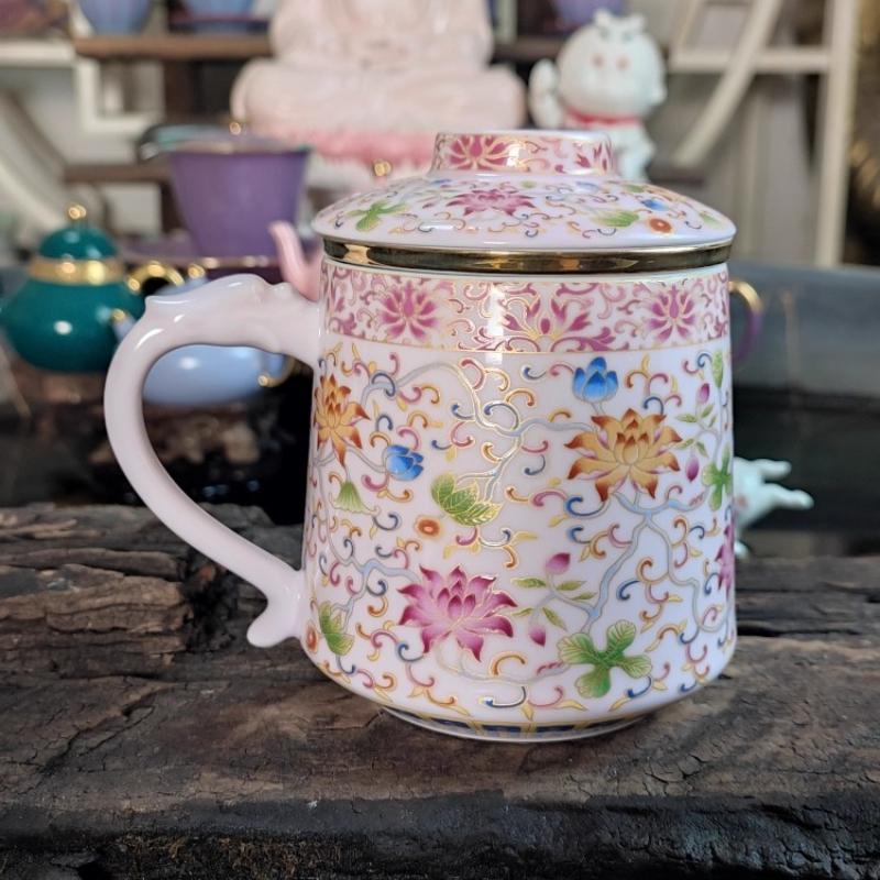 400ml Pink Ceramic Tea Cup Enamel Ribbon Filter Cup High End Household Mug with Lid Jasmine Tea and Green Tea Set Accessories