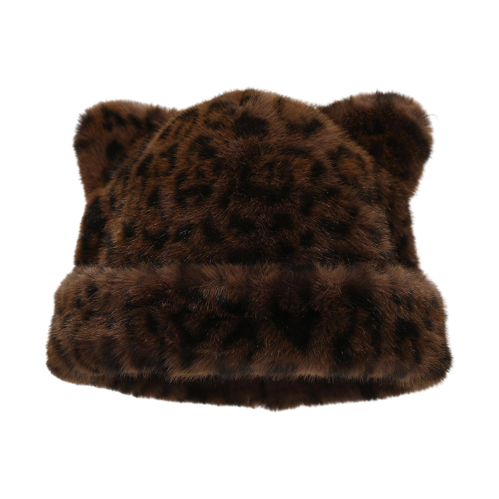 

Oversized Kitten Hat with Ear Leopard Print Skiing Hat Furry Hood Cartoon Photo Props Outdoor Head Wrap for Halloween D