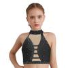 Girls Latin Dance Crop Top Halter Sleeveless Crisscross Back Mesh Patchwork Sparkling Rhinestones Vest