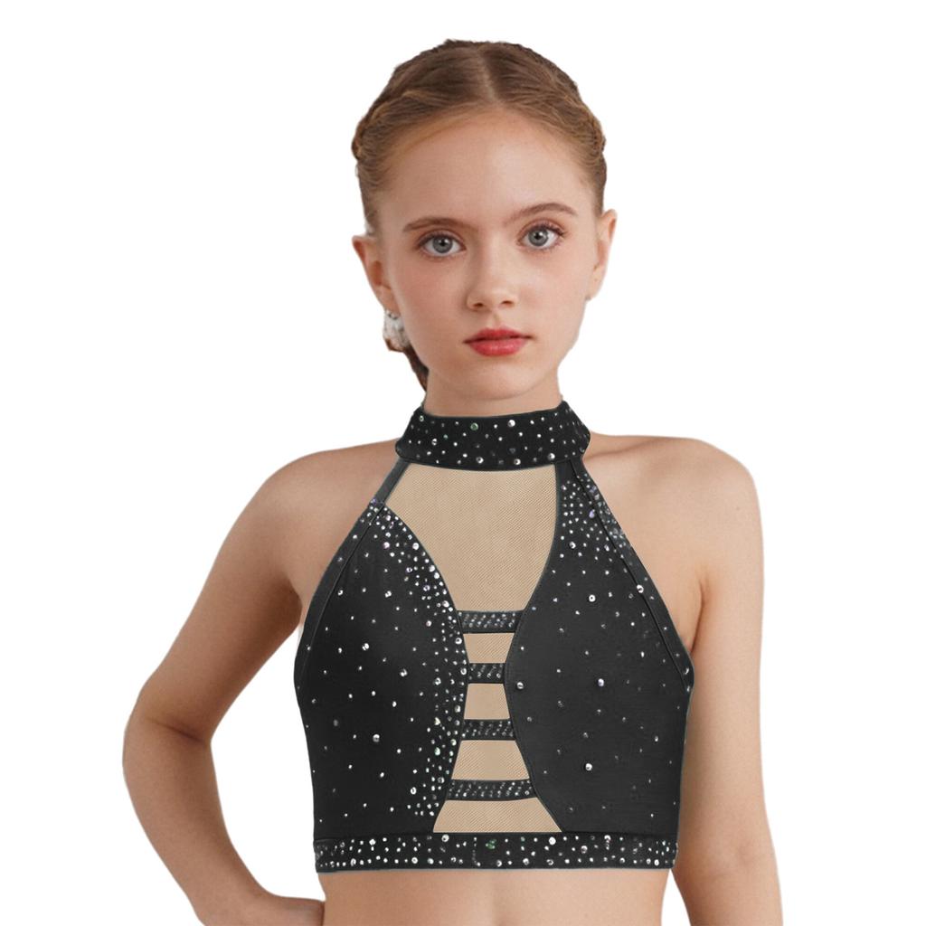 Girls Latin Dance Crop Top Halter Sleeveless Crisscross Back Mesh Patchwork Sparkling Rhinestones Vest