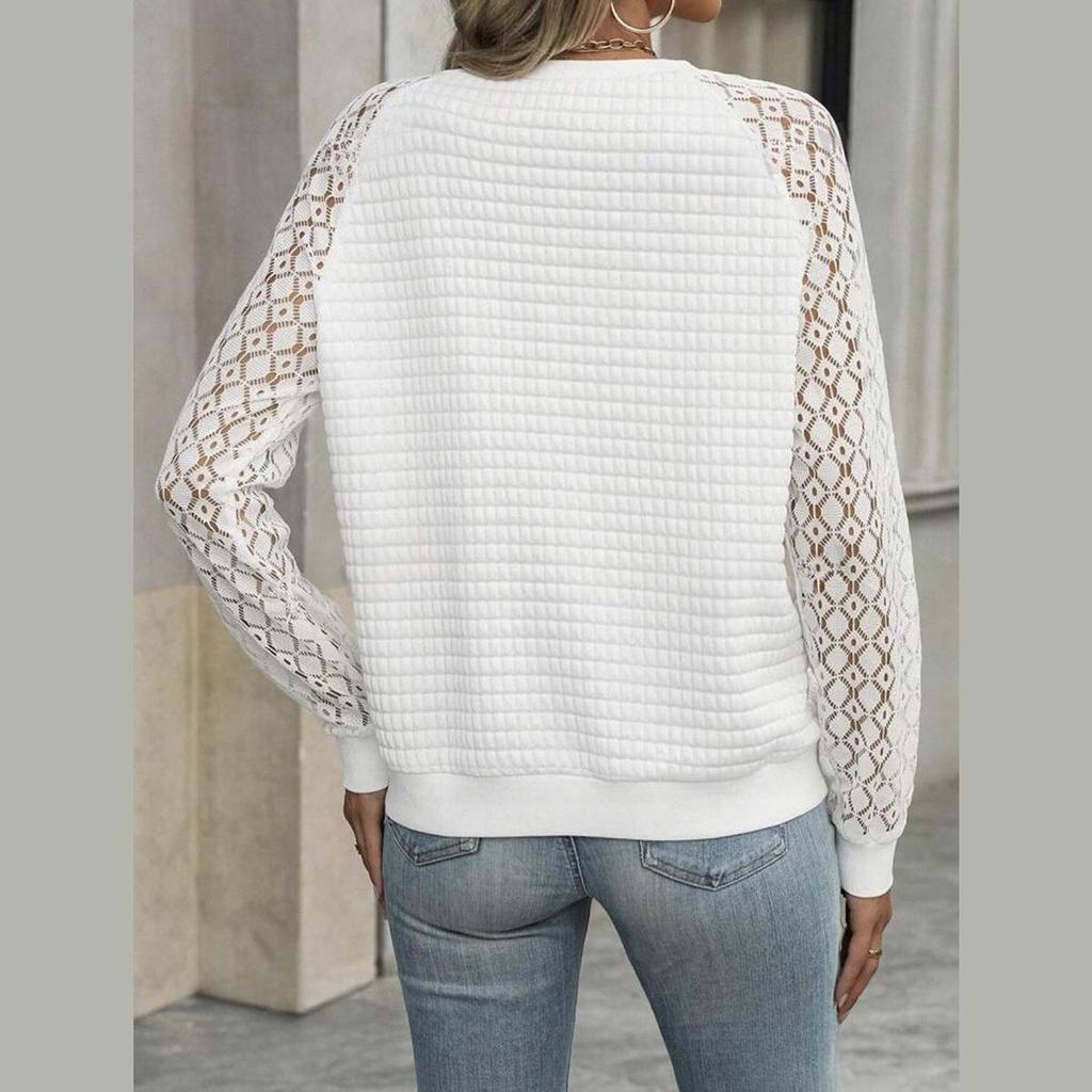 Women's Sweatshirt Solid Color Loose Rhombus Top Stitching Lace Sleeves Casual Pullover