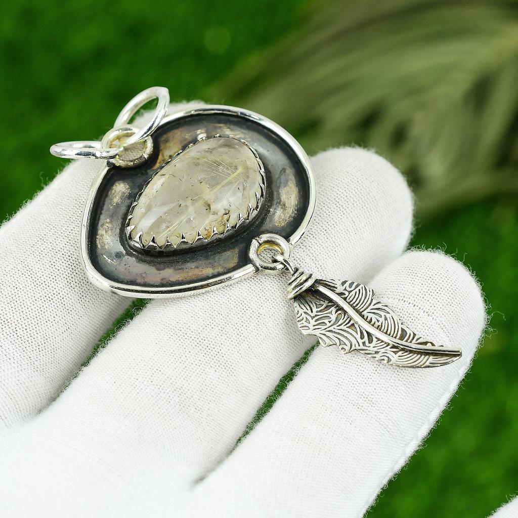 Womens day Deal Pear Natural Golden Rutile Daughter Birthday Pendant 925 Silver