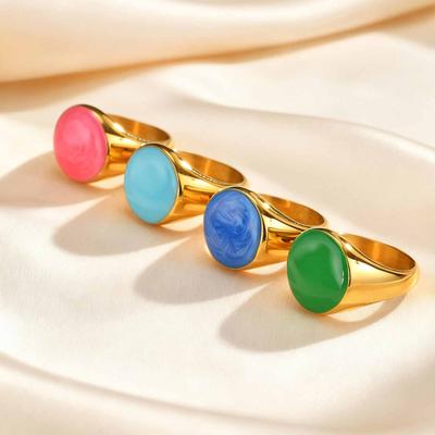 Creative Colorful Enamel Round Ring for Women, 18K Gold Plated Stainless Steel Chunky Ring, Personalized Fashion Jewelry