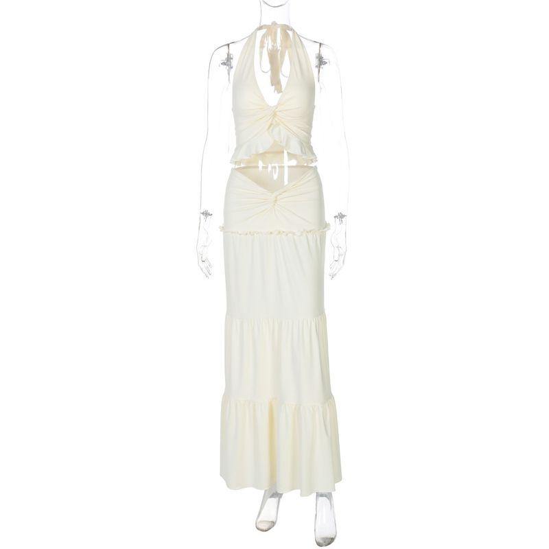 

V-neck Halter Strap Twisted Long Skirt SETV Collar Suspender Twisted Dress Apricot color XS