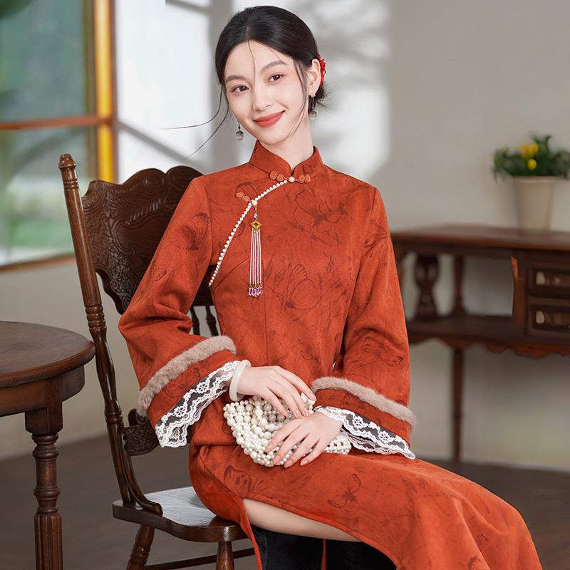 Orange velvet winter clothing national style new Chinese long-sleeved improved cheongsam winter thick women's retro New Year's clothing