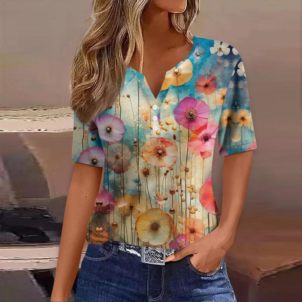 Dámské tričko s potiskem, knoflíky, krátký rukáv, denní, víkendová móda, základní V-výstřih, běžný top