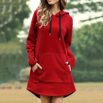 Damen-Sweatshirt für Herbst und Winter, gepolstert, lang, einfarbig, mit Kapuze, Kordelzug, Sweatshirt, Kleid, modisch, warmes Hemd