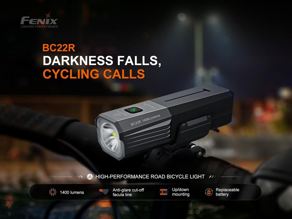 Fenix BC22R Rechargeable Front Cycle Light 1400 Lumens 156m Up To 41 Hours Bright White White Two Mounting Options IP66 Commuter/Off-Road