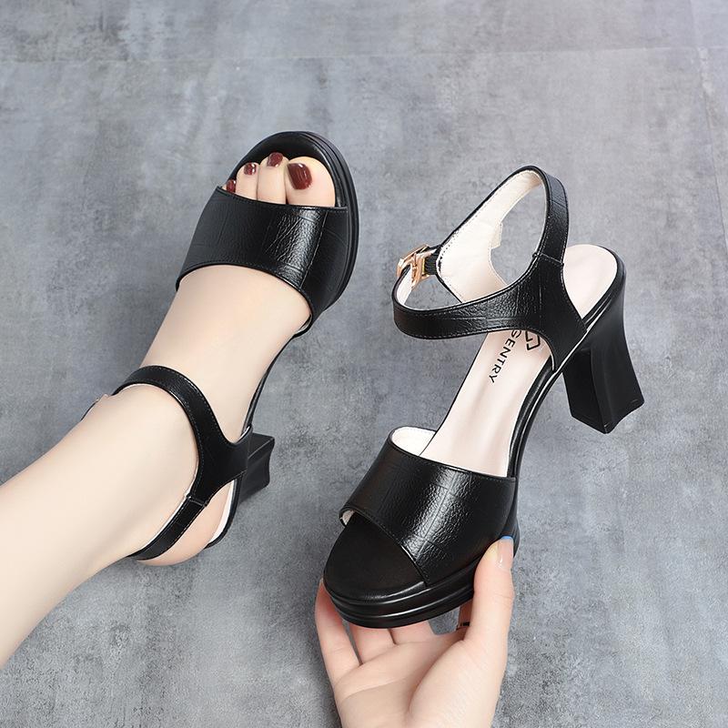 One Button Thick Heel Sandals Women Summer Soft Soled High Heels Middle Aged Mothers