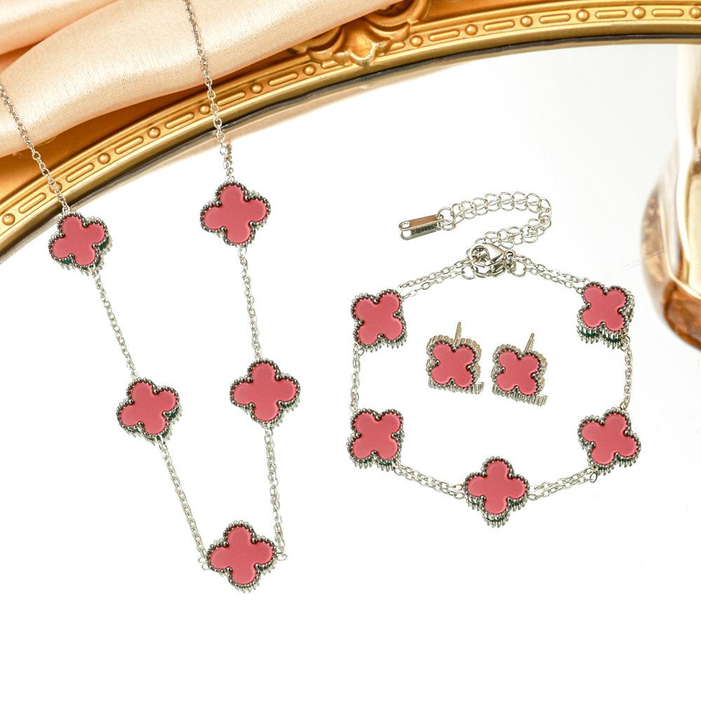 3PCS Titanium Steel Non Fading Double-sided Clover Necklace Bracelet Earring Set