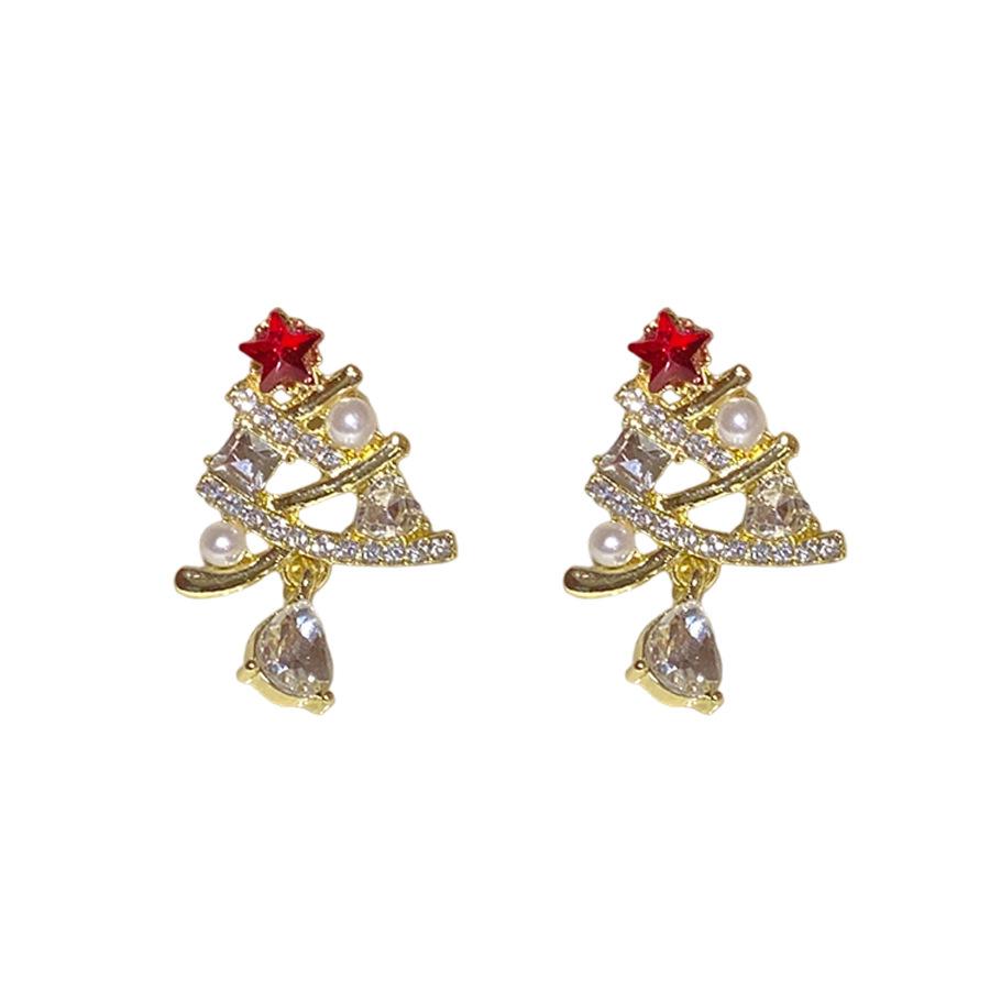 Silver Needle Christmas Tree Diamond Pearl Stud Earrings New Fashion Earrings Niche Design Christmas Earrings