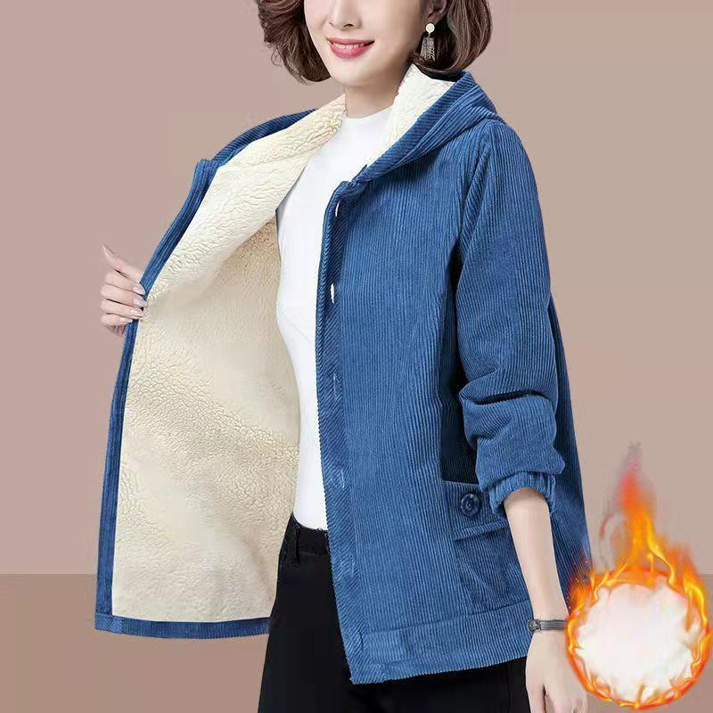 Plus Size Plus Velvet Thick Corduroy Jacket Women Autumn and Winter Large Size Loose Warm Cotton Coat Women