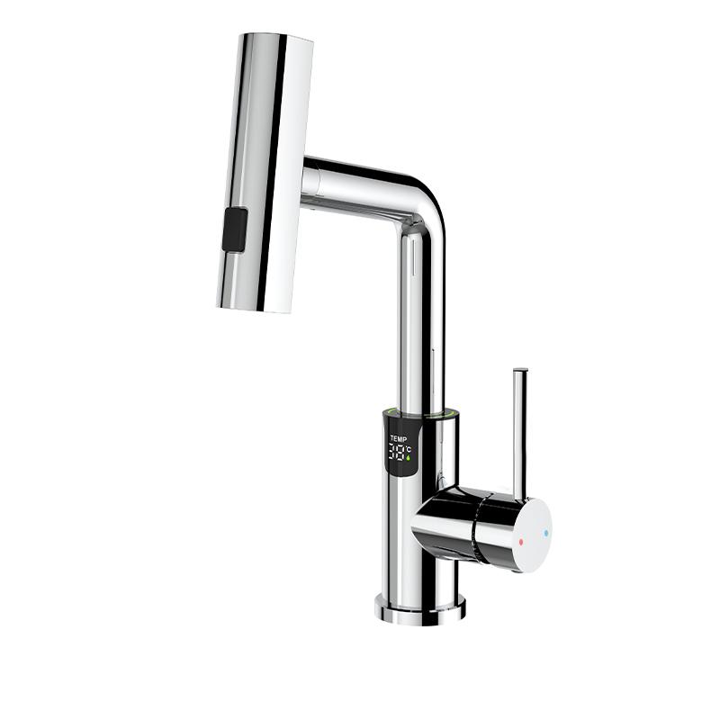 Waterfall Temperature Digital Display Basin Faucet Pull Out Stream Sprayer Hot Cold Water Sink Mixer Wash Tap For Bathroom
