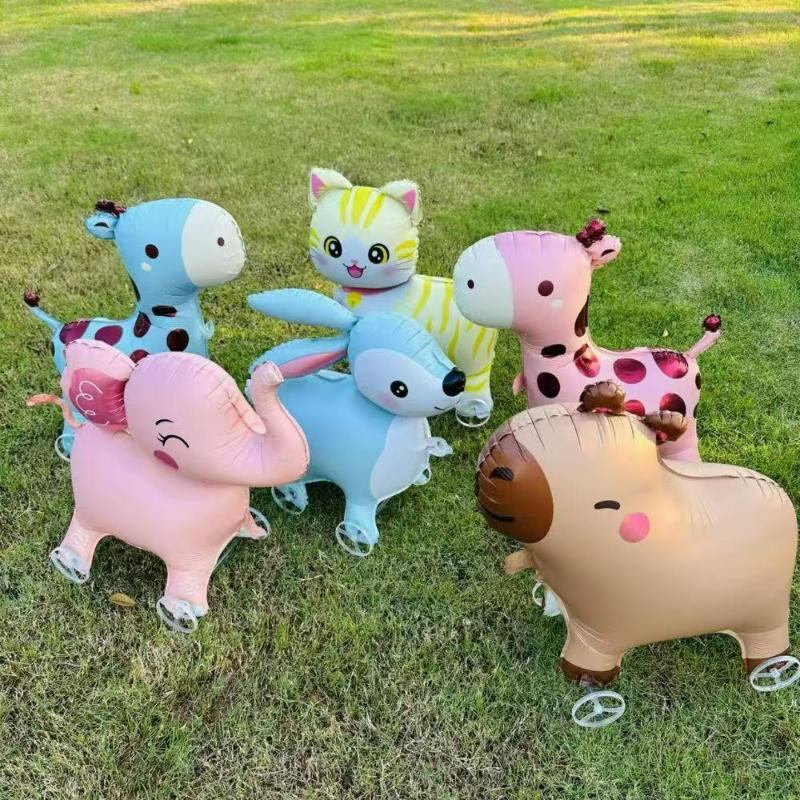 16pcs Cute Walking Animal Foil Balloons with Wheels Walking Wheels Elephants Dinosaurs Lions Rabbits Children's Toy Balloons