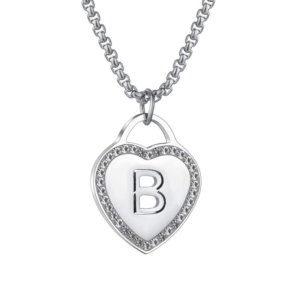 Women's Silver Initial Necklace Stainless Steel Love Heart Tiny Letter Necklace Personalized Name Jewelry for Girlfriend Gift 26 Alphabet Letters