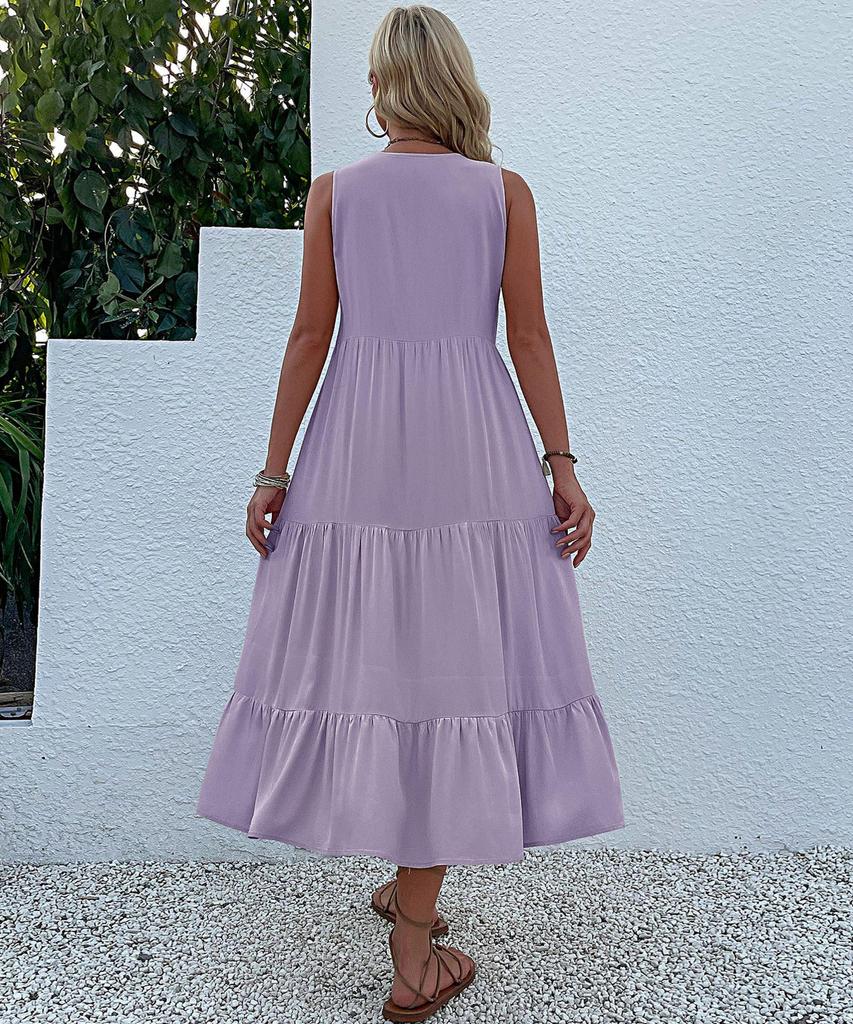 Letnia Damska Sukienka Casual Bez Rękawów Średniej Długości - Jednolity Kolor, Prosta i Elegancka