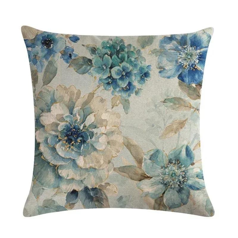 Vintage Pillowcase Printed Flower Linen Square Soft Pillow Case Sofa Seat Living Room Home Decor Cushion Cover 45*45Cm