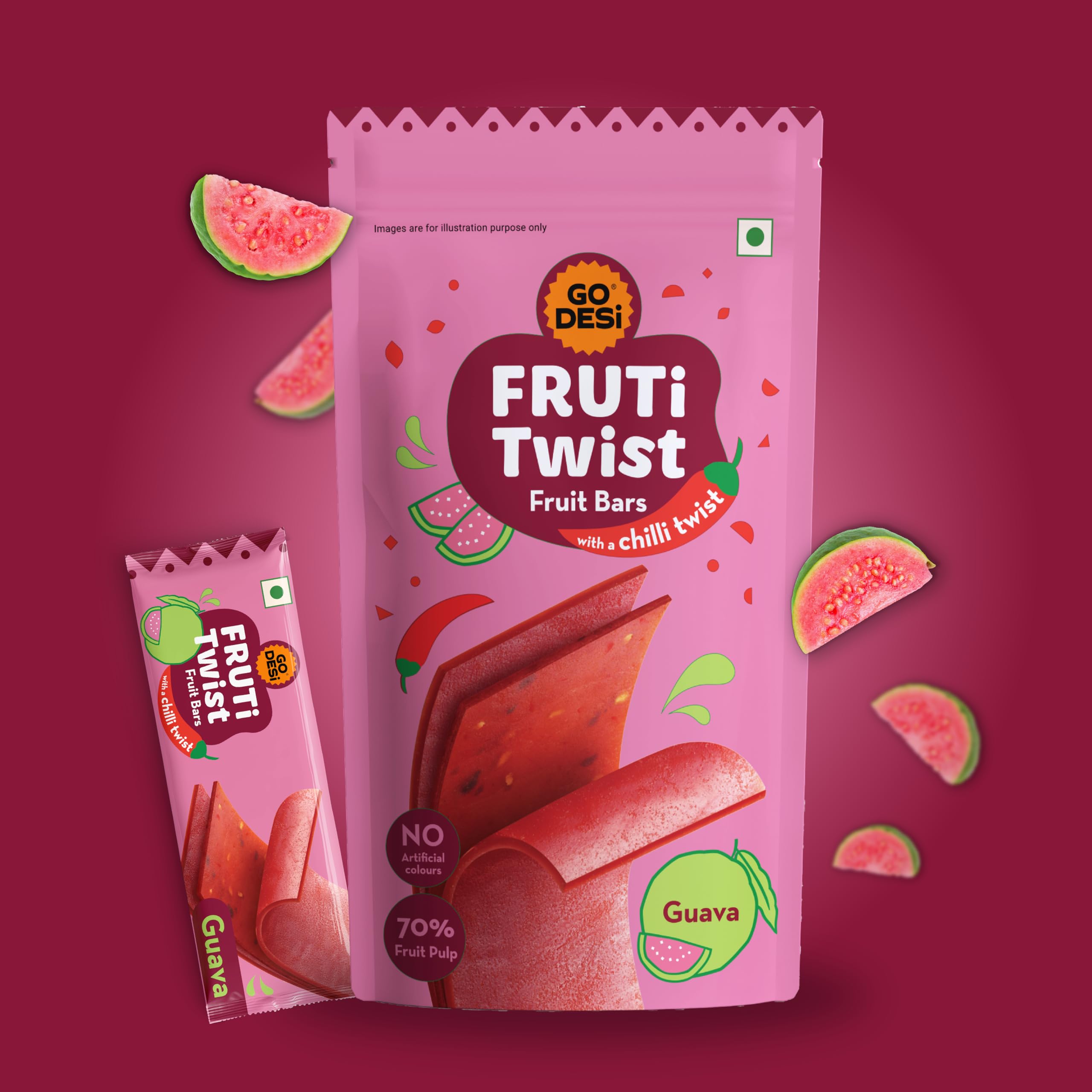 GO DESi Guava Fruti Twist Fruit Bars - 3 x Pack of 10 pieces, Papad, Fruit Jelly