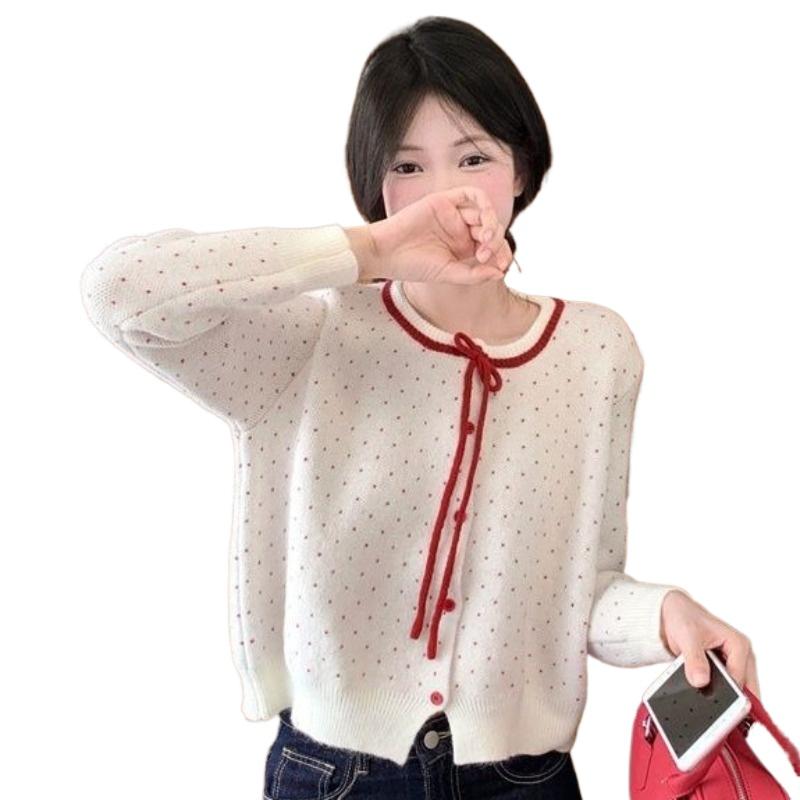 Ladies' Love Jacquard Cardigan Women's Round Neck Bow Tied Long Sleeved Knitted Sweater Autumn New Version Casual Style Top