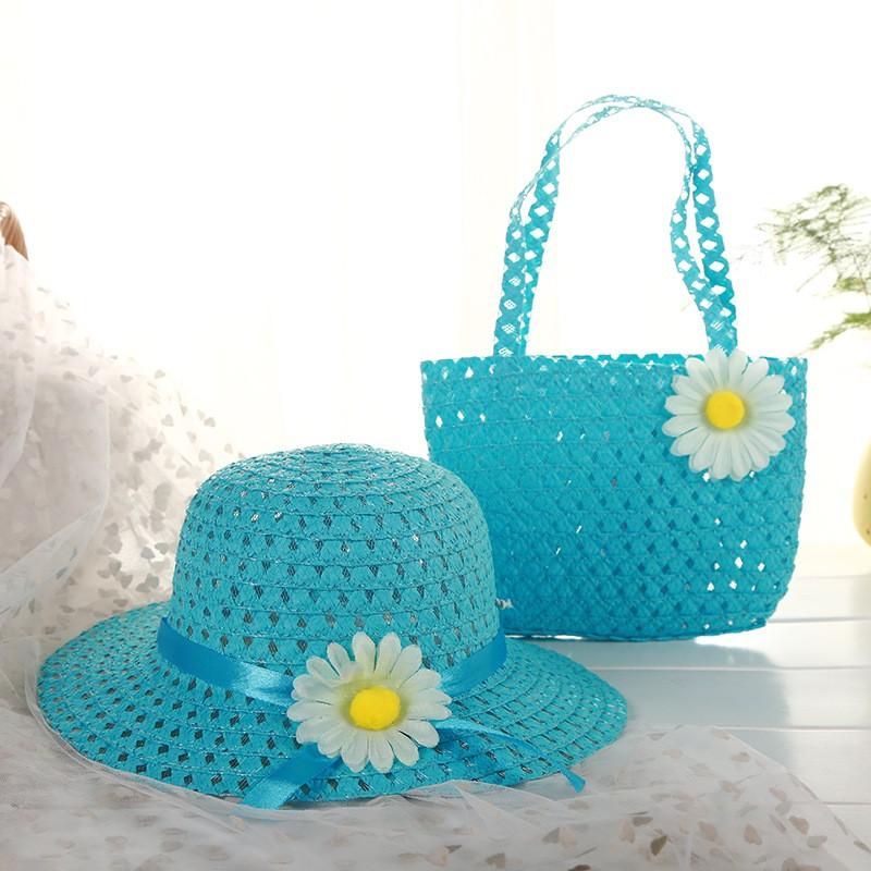 Children Charm Princess Straw Baby Girl Sun Beach Hat Flower Cap & Handbag Lovely Summer