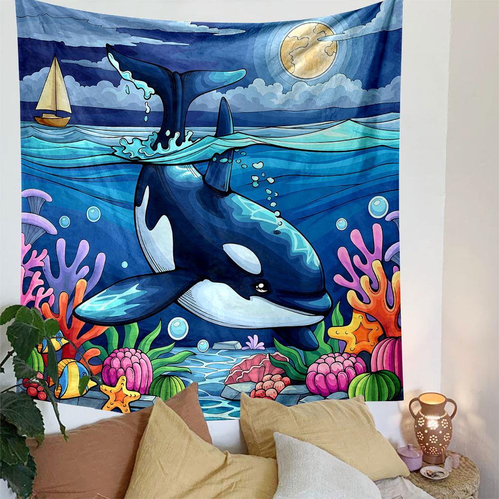 Orca In Colorful Underwater Scene Patterned Tapestry Decorative Wall Hanging, Home Bedroom Living Room Decor