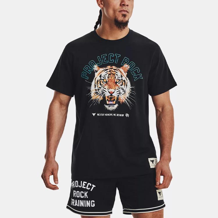 Under Armour Pánské tričko s krátkým rukávem Project Rock Retro s tygřím potiskem, černé 1379113-001