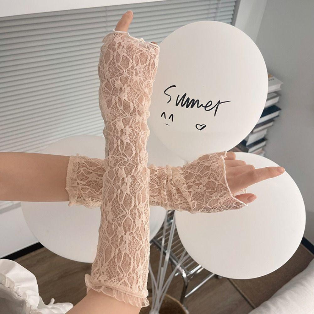 

Ruffle Lace Arm Sleeves Bowknot Lace Gloves Lolita Summer white-with bow