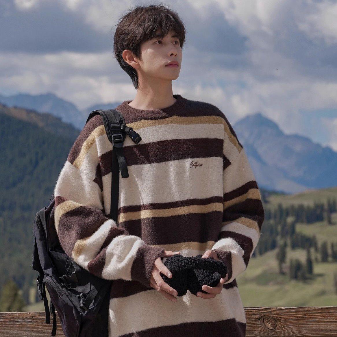 

Men s Colorblock Striped Crew Neck Sweater - Winter Loose Knit Pullover 3XL