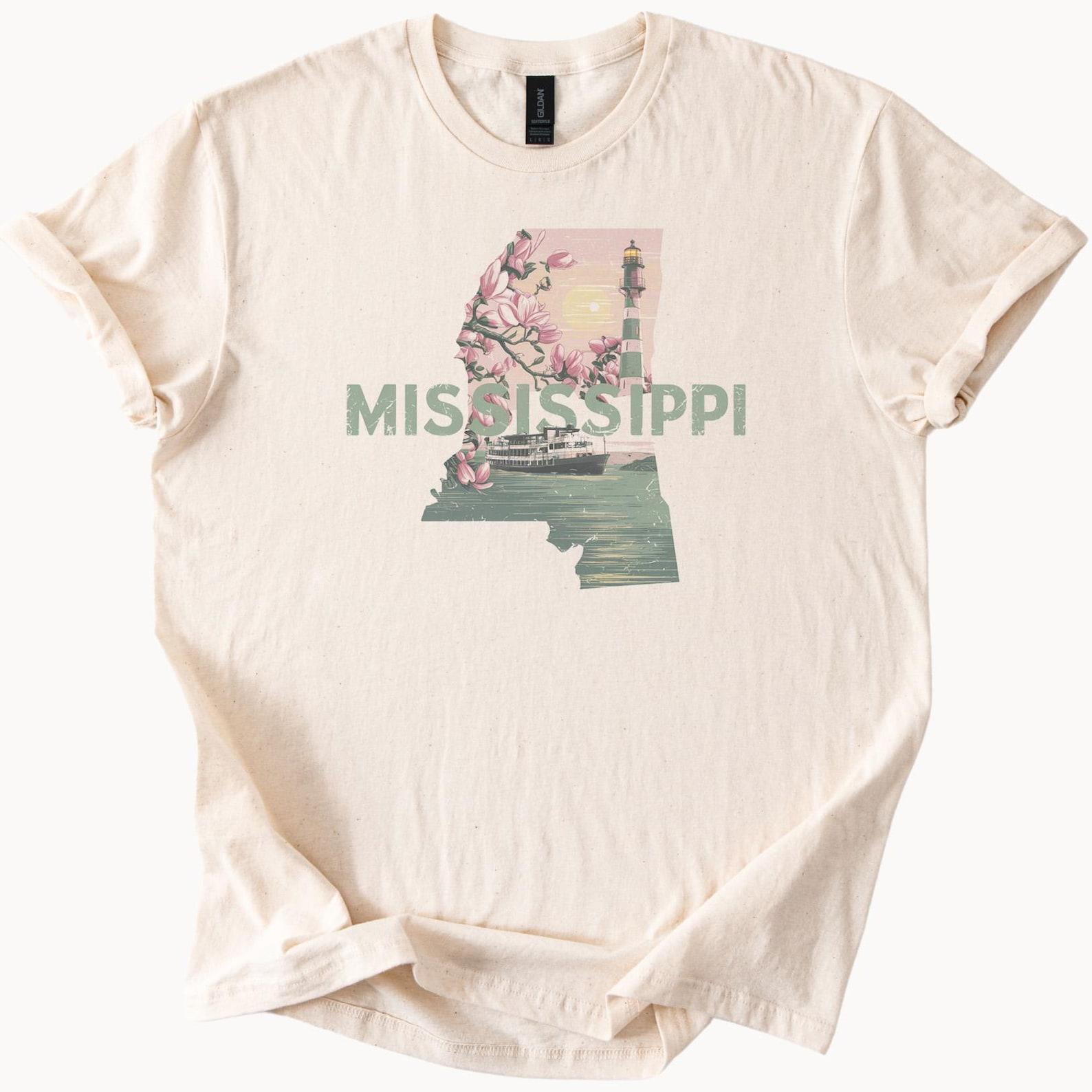 Mississippi State Graphic T Shirt with Magnolia Flowers Lighthouse Riverboat and Sunset Nature Art Mississippi Souvenir Shirt 100