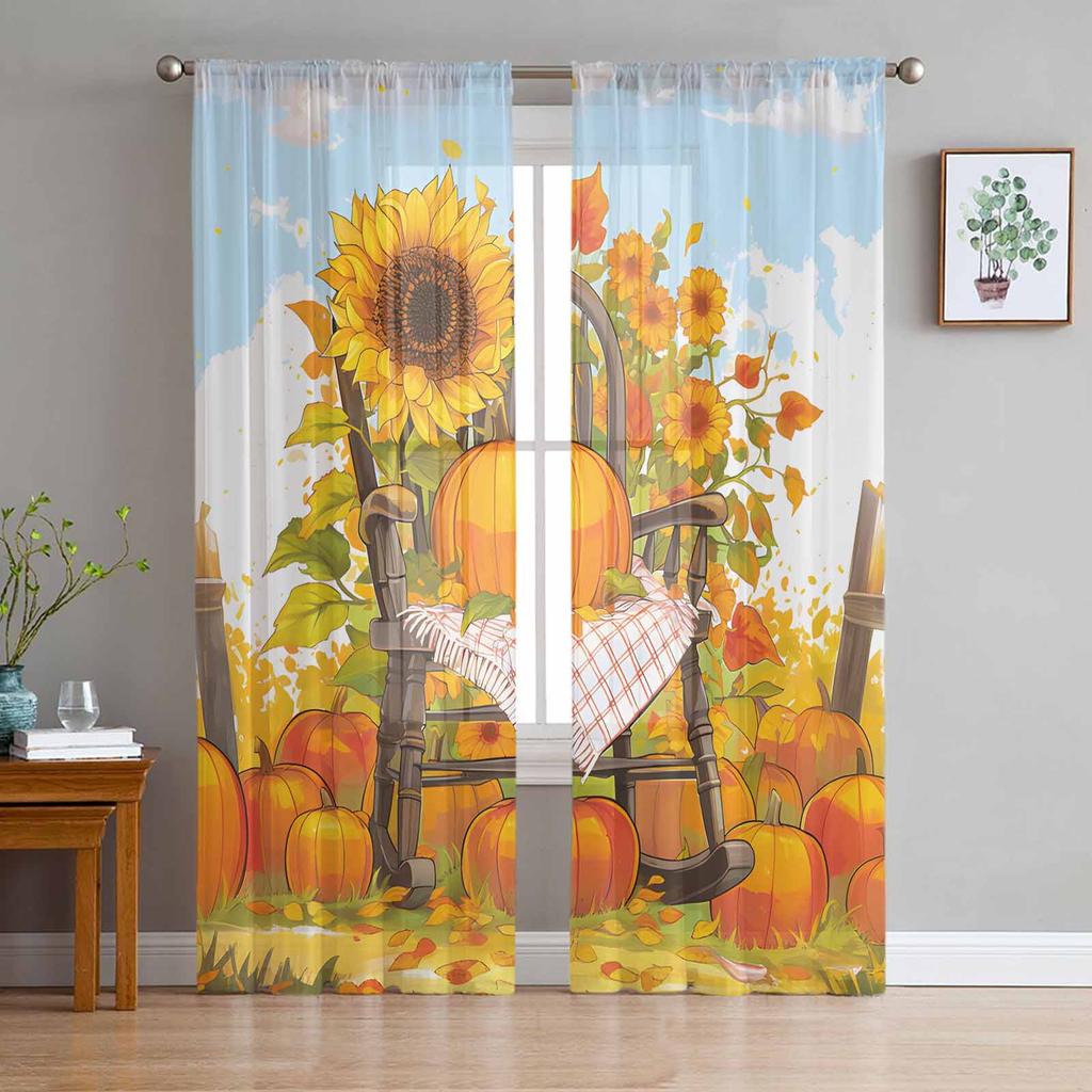 Herbst Retro Kürbis Schaukelstuhl Sonnenblume Transparente Vorhänge für Kinderzimmer Wohnzimmer Voile Fenstervorhänge Tüll Vorhänge