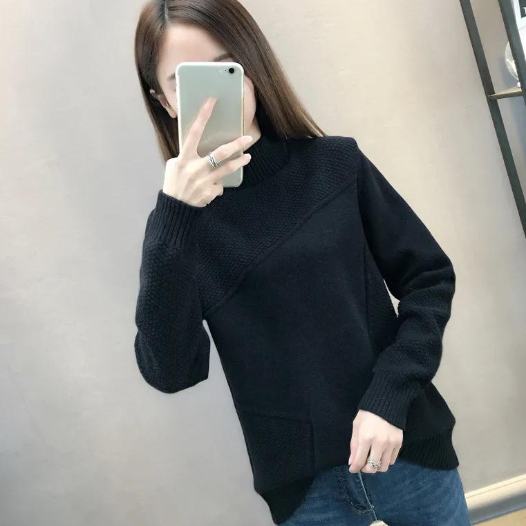 

WTEMPO Половина Высокий О-образный вырез Полосатые Sewaters Толстые Теплые Длинные Рукава Трикотажные Пуловеры Женские Осень Зима Свободные Свитера L чёрный