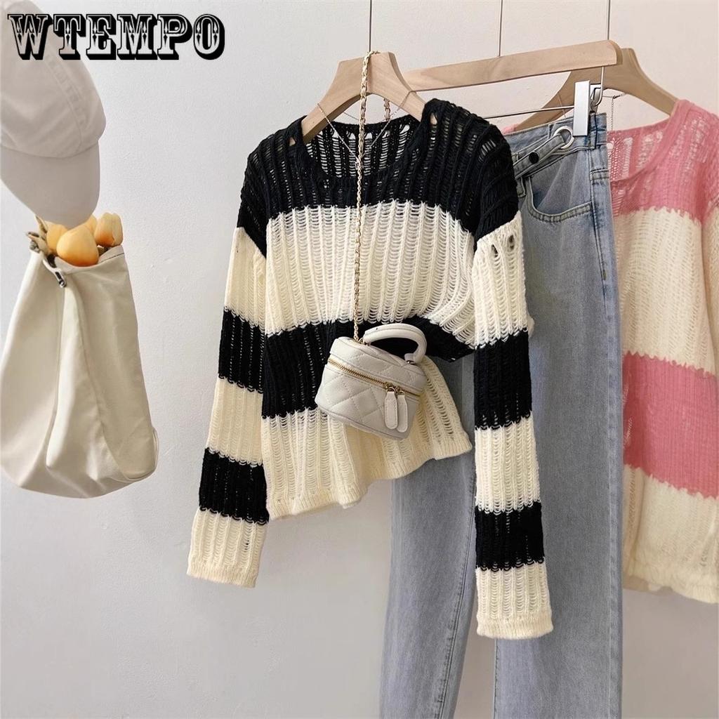 Striped Knitted Sweater Hollow Out for Women Hollow Out Loose Sunscreen Shirt