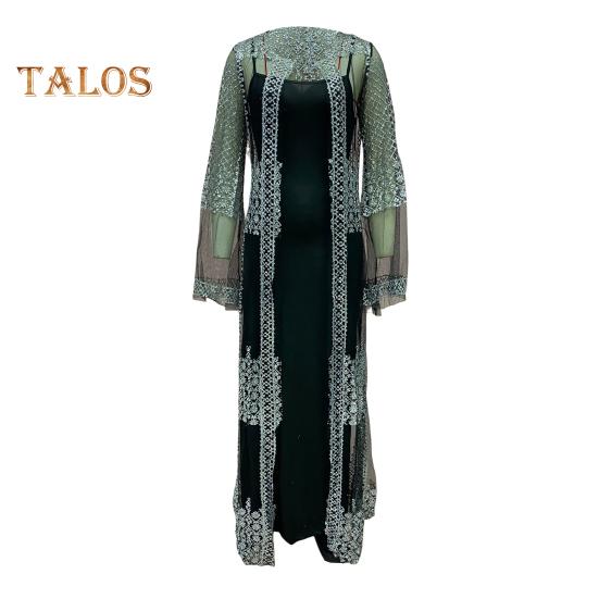 2 Pcs/Set Women Evening Dress Big Swing Shiny Bronzed Cardigan Slip Dress Set See-through Mesh Long Sleeve Coat Cocktail Events Special Occasions