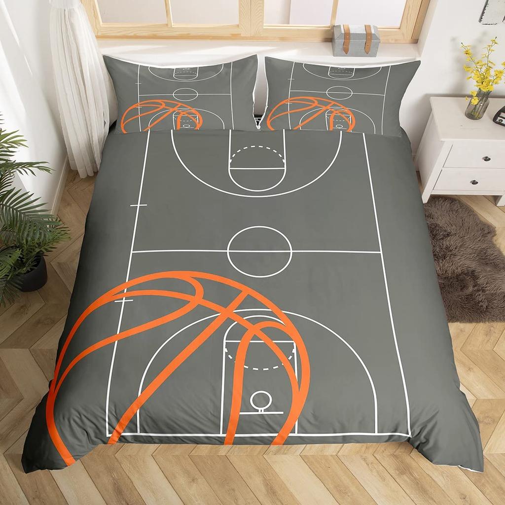 Basketplan Print Sängkläder Set Enkelstorlek, Bollsporter Spel Tematiserat Påslakan, Pojkar Spelrum Inredning Täckeöverdrag